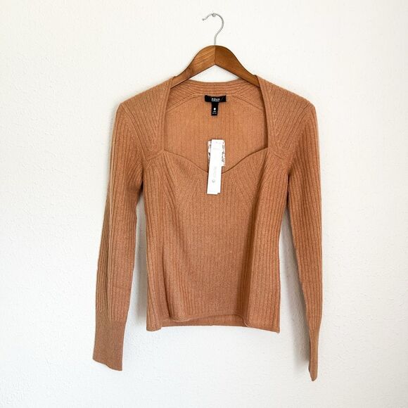 Aqua Cashmere Ribbed Sweetheart Neck Camel Sweater New Large - Picture 2 of 5